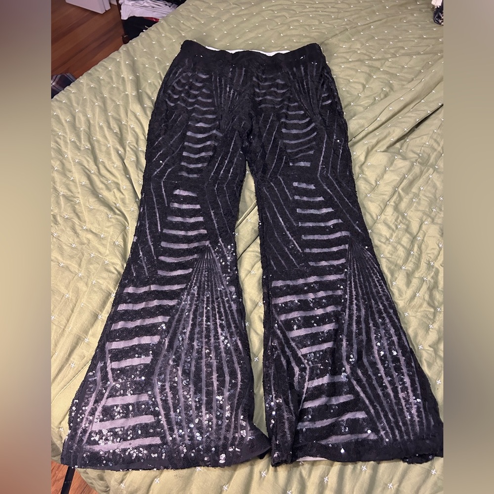 Womens Pants 2XL Plus High Rise Flare Mesh Embellished Sequins Party Lined Black
